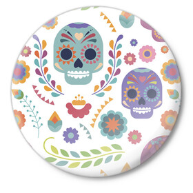 Значок с принтом Мексиканские мотивы в Новосибирске,  металл | круглая форма, металлическая застежка в виде булавки | день мёртвых. череп | мексика | мексиканский | мексиканское | цветок | цветы | черепа