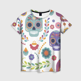 Женская футболка 3D с принтом Мексиканские мотивы в Новосибирске, 100% полиэфир ( синтетическое хлопкоподобное полотно) | прямой крой, круглый вырез горловины, длина до линии бедер | Тематика изображения на принте: день мёртвых. череп | мексика | мексиканский | мексиканское | цветок | цветы | черепа