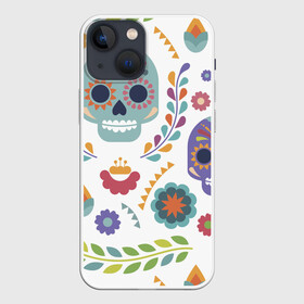 Чехол для iPhone 13 mini с принтом Мексиканские мотивы в Новосибирске,  |  | Тематика изображения на принте: день мёртвых. череп | мексика | мексиканский | мексиканское | цветок | цветы | черепа