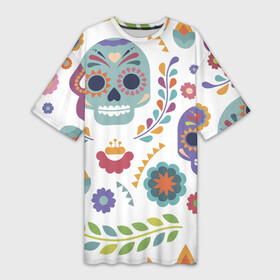 Платье-футболка 3D с принтом Мексиканские мотивы в Новосибирске,  |  | день мёртвых. череп | мексика | мексиканский | мексиканское | цветок | цветы | черепа