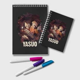 Блокнот с принтом Yasuo в Новосибирске, 100% бумага | 48 листов, плотность листов — 60 г/м2, плотность картонной обложки — 250 г/м2. Листы скреплены удобной пружинной спиралью. Цвет линий — светло-серый
 | Тематика изображения на принте: jinx | kda | league | lol | moba | pentakill | riot | rise | rus | skins | варвик | варус | воин | легенд | лига | лол | маг | стрелок | танк | чемпион