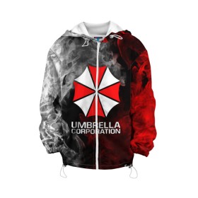 Детская куртка 3D с принтом UMBRELLA CORP в Новосибирске, 100% полиэстер | застежка — молния, подол и капюшон оформлены резинкой с фиксаторами, по бокам — два кармана без застежек, один потайной карман на груди, плотность верхнего слоя — 90 г/м2; плотность флисового подклада — 260 г/м2 | Тематика изображения на принте: ada wong | biohazard | leon | nemesis | project resistance | raccoon city | re2 | resident evil 2 | rpd | stars | umbrella | ада вонг | амбрелла | немесис | ужасы