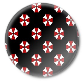 Значок с принтом Umbrella Corporation в Новосибирске,  металл | круглая форма, металлическая застежка в виде булавки | Тематика изображения на принте: апокалипсис | зла | зомби | обитель | твирус