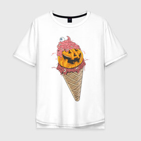 Мужская футболка хлопок Oversize с принтом Pumpkin IceCream в Новосибирске, 100% хлопок | свободный крой, круглый ворот, “спинка” длиннее передней части | helloween | ice cream | icecream | pumpkin | глаз | глазурь | еда | крем | мороженое | рожок | тыква | улыбка