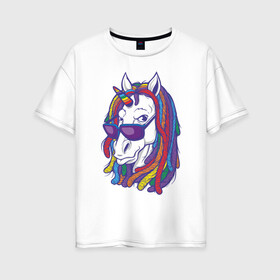 Женская футболка хлопок Oversize с принтом Rasta Unicorn в Новосибирске, 100% хлопок | свободный крой, круглый ворот, спущенный рукав, длина до линии бедер
 | Тематика изображения на принте: bob | bobmarley | dreadlocks | horse | rasta | unicorn | боб марли | дредлок | дредлоки | дреды | единорог | лошадь | раста | растаман | цвет