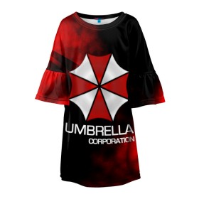 Детское платье 3D с принтом UMBRELLA CORP в Новосибирске, 100% полиэстер | прямой силуэт, чуть расширенный к низу. Круглая горловина, на рукавах — воланы | Тематика изображения на принте: biohazard | biohazard 7 | crocodile | fang | game | hand | monster | new umbrella | resident evil | resident evil 7 | umbrella | umbrella corp | umbrella corporation | zombie | обитель