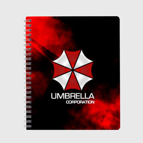 Тетрадь с принтом UMBRELLA CORP в Новосибирске, 100% бумага | 48 листов, плотность листов — 60 г/м2, плотность картонной обложки — 250 г/м2. Листы скреплены сбоку удобной пружинной спиралью. Уголки страниц и обложки скругленные. Цвет линий — светло-серый
 | biohazard | biohazard 7 | crocodile | fang | game | hand | monster | new umbrella | resident evil | resident evil 7 | umbrella | umbrella corp | umbrella corporation | zombie | обитель