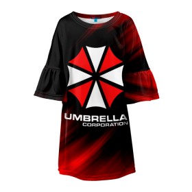 Детское платье 3D с принтом Umbrella Corporation в Новосибирске, 100% полиэстер | прямой силуэт, чуть расширенный к низу. Круглая горловина, на рукавах — воланы | corp | corporation | resident evil | umbrella | umbrella corporation | зомби апокалипсис | зонт | игра