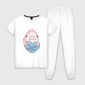 Женская пижама хлопок с принтом Chews You Парная в Новосибирске, 100% хлопок | брюки и футболка прямого кроя, без карманов, на брюках мягкая резинка на поясе и по низу штанин | shark | акула | любовь | парная