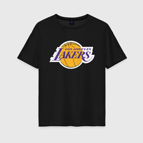 Женская футболка хлопок Oversize с принтом LA LAKERS(+спина) в Новосибирске, 100% хлопок | свободный крой, круглый ворот, спущенный рукав, длина до линии бедер
 | america | basketball | kobe bryant | la | la lakers | lakers | los angeles lakers | nba | usa | баскетбол | кобе брайант | лос анджелес лейкерс | нба | сша