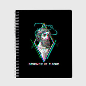 Тетрадь с принтом Magic is science - Пифагор в Новосибирске, 100% бумага | 48 листов, плотность листов — 60 г/м2, плотность картонной обложки — 250 г/м2. Листы скреплены сбоку удобной пружинной спиралью. Уголки страниц и обложки скругленные. Цвет линий — светло-серый
 | magic | science | астрономия | геометрия | картинки | математика | мем | наука | пифагор | приколы | треугольник | физика | школа | школьник