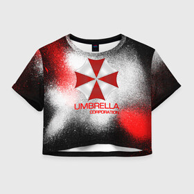 Женская футболка Crop-top 3D с принтом UMBRELLA CORP в Новосибирске, 100% полиэстер | круглая горловина, длина футболки до линии талии, рукава с отворотами | biohazard | biohazard 7 | crocodile | fang | game | hand | monster | new umbrella | resident evil | resident evil 7 | umbrella | umbrella corp | umbrella corporation | zombie | обитель