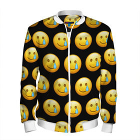 Мужской бомбер 3D с принтом New Emoji в Новосибирске, 100% полиэстер | застегивается на молнию, по бокам два кармана без застежек, по низу бомбера и на воротнике - эластичная резинка | Тематика изображения на принте: crying | emoji | smile | smiling face with tear | tear | плачущий | слеза | смайлик | улыбка | эмодзи