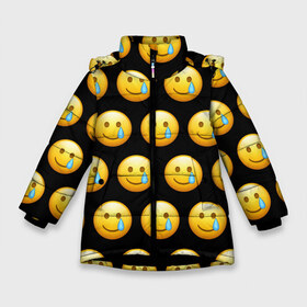 Зимняя куртка для девочек 3D с принтом New Emoji в Новосибирске, ткань верха — 100% полиэстер; подклад — 100% полиэстер, утеплитель — 100% полиэстер. | длина ниже бедра, удлиненная спинка, воротник стойка и отстегивающийся капюшон. Есть боковые карманы с листочкой на кнопках, утяжки по низу изделия и внутренний карман на молнии. 

Предусмотрены светоотражающий принт на спинке, радужный светоотражающий элемент на пуллере молнии и на резинке для утяжки. | crying | emoji | smile | smiling face with tear | tear | плачущий | слеза | смайлик | улыбка | эмодзи