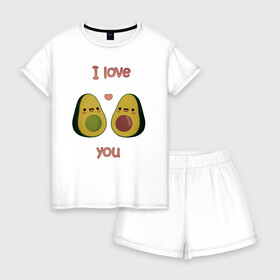 Женская пижама с шортиками хлопок с принтом AVOCADO LOVE в Новосибирске, 100% хлопок | футболка прямого кроя, шорты свободные с широкой мягкой резинкой | avokado | авокадо