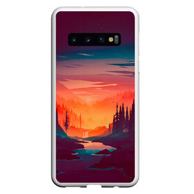 Чехол для Samsung Galaxy S10 с принтом Minimal forest sunset в Новосибирске, Силикон | Область печати: задняя сторона чехла, без боковых панелей | Тематика изображения на принте: forest | light | minimal | mountain | orange | purple | stone | sunset | water | вода | горы | закат | минимализм | оранжевый | фиолетовый