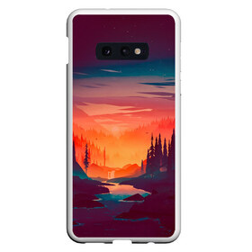 Чехол для Samsung S10E с принтом Minimal forest sunset в Новосибирске, Силикон | Область печати: задняя сторона чехла, без боковых панелей | Тематика изображения на принте: forest | light | minimal | mountain | orange | purple | stone | sunset | water | вода | горы | закат | минимализм | оранжевый | фиолетовый