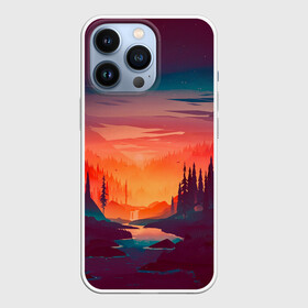 Чехол для iPhone 13 Pro с принтом Minimal forest sunset в Новосибирске,  |  | Тематика изображения на принте: forest | light | minimal | mountain | orange | purple | stone | sunset | water | вода | горы | закат | минимализм | оранжевый | фиолетовый