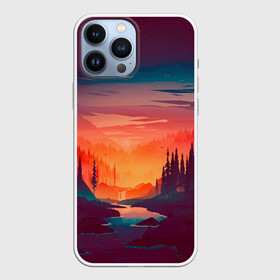 Чехол для iPhone 13 Pro Max с принтом Minimal forest sunset в Новосибирске,  |  | Тематика изображения на принте: forest | light | minimal | mountain | orange | purple | stone | sunset | water | вода | горы | закат | минимализм | оранжевый | фиолетовый