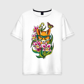 Женская футболка хлопок Oversize с принтом Лиса в Новосибирске, 100% хлопок | свободный крой, круглый ворот, спущенный рукав, длина до линии бедер
 | лиса | мода | стиль | цветы