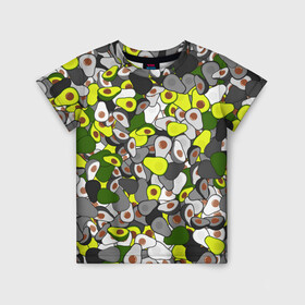 Детская футболка 3D с принтом Камуфляж с авокадо в Новосибирске, 100% гипоаллергенный полиэфир | прямой крой, круглый вырез горловины, длина до линии бедер, чуть спущенное плечо, ткань немного тянется | Тематика изображения на принте: avocado | адвокадо | веган | еда | камо | милитари | оовощь | паттерн | фрукт | хаки