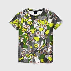 Женская футболка 3D с принтом Камуфляж с авокадо в Новосибирске, 100% полиэфир ( синтетическое хлопкоподобное полотно) | прямой крой, круглый вырез горловины, длина до линии бедер | avocado | адвокадо | веган | еда | камо | милитари | оовощь | паттерн | фрукт | хаки