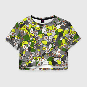 Женская футболка Crop-top 3D с принтом Камуфляж с авокадо в Новосибирске, 100% полиэстер | круглая горловина, длина футболки до линии талии, рукава с отворотами | avocado | адвокадо | веган | еда | камо | милитари | оовощь | паттерн | фрукт | хаки