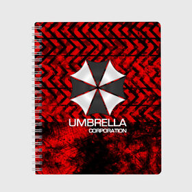 Тетрадь с принтом UMBRELLA CORP в Новосибирске, 100% бумага | 48 листов, плотность листов — 60 г/м2, плотность картонной обложки — 250 г/м2. Листы скреплены сбоку удобной пружинной спиралью. Уголки страниц и обложки скругленные. Цвет линий — светло-серый
 | biohazard | biohazard 7 | crocodile | fang | game | hand | monster | new umbrella | resident evil | resident evil 7 | umbrella | umbrella corp | umbrella corporation | zombie | обитель