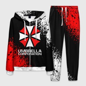 Мужской костюм 3D с принтом UMBRELLA CORPORATION. в Новосибирске, 100% полиэстер | Манжеты и пояс оформлены тканевой резинкой, двухслойный капюшон со шнурком для регулировки, карманы спереди | corp | corporation | resident evil | umbrella | umbrella corporation | зомби апокалипсис | зонт | игра