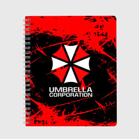 Тетрадь с принтом UMBRELLA CORPORATION в Новосибирске, 100% бумага | 48 листов, плотность листов — 60 г/м2, плотность картонной обложки — 250 г/м2. Листы скреплены сбоку удобной пружинной спиралью. Уголки страниц и обложки скругленные. Цвет линий — светло-серый
 | corp | corporation | resident evil | umbrella | umbrella corporation | зомби апокалипсис | зонт | игра