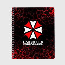 Тетрадь с принтом UMBRELLA CORPORATION в Новосибирске, 100% бумага | 48 листов, плотность листов — 60 г/м2, плотность картонной обложки — 250 г/м2. Листы скреплены сбоку удобной пружинной спиралью. Уголки страниц и обложки скругленные. Цвет линий — светло-серый
 | corp | corporation | resident evil | umbrella | umbrella corporation | зомби апокалипсис | зонт | игра