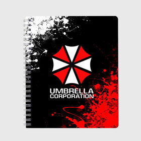 Тетрадь с принтом UMBRELLA CORPORATION в Новосибирске, 100% бумага | 48 листов, плотность листов — 60 г/м2, плотность картонной обложки — 250 г/м2. Листы скреплены сбоку удобной пружинной спиралью. Уголки страниц и обложки скругленные. Цвет линий — светло-серый
 | corp | corporation | resident evil | umbrella | umbrella corporation | зомби апокалипсис | зонт | игра