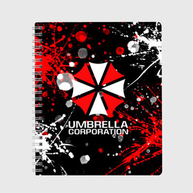 Тетрадь с принтом UMBRELLA CORPORATION в Новосибирске, 100% бумага | 48 листов, плотность листов — 60 г/м2, плотность картонной обложки — 250 г/м2. Листы скреплены сбоку удобной пружинной спиралью. Уголки страниц и обложки скругленные. Цвет линий — светло-серый
 | corp | corporation | resident evil | umbrella | umbrella corporation | зомби апокалипсис | зонт | игра