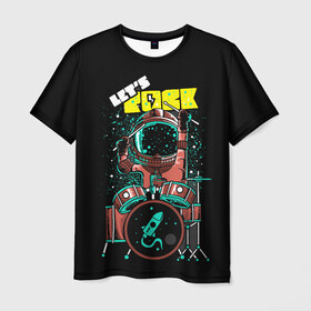 Мужская футболка 3D с принтом Lets Rock в Новосибирске, 100% полиэфир | прямой крой, круглый вырез горловины, длина до линии бедер | art | astronaut | drummer | drums | rock | rocket | space | арт | астронавт | барабанщик | барабаны | космонавт | космос | ракета | рок