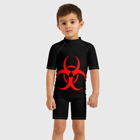 Детский купальный костюм 3D с принтом Plague inc в Новосибирске, Полиэстер 85%, Спандекс 15% | застежка на молнии на спине | game | ncov2019 | plague inc | warning | вирус | знак | игра | китай | коронавирус | опасность | символ