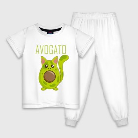 Детская пижама хлопок с принтом AVOCATO в Новосибирске, 100% хлопок |  брюки и футболка прямого кроя, без карманов, на брюках мягкая резинка на поясе и по низу штанин
 | Тематика изображения на принте: avocado | avocato | avogato | cat | cats | авокадо | авокато | авокот | картинка | картинки | кот | коте | котэ | прикольная | прикольные