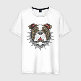 Мужская футболка хлопок с принтом Бульдог в Новосибирске, 100% хлопок | прямой крой, круглый вырез горловины, длина до линии бедер, слегка спущенное плечо. | бульдог | злая собака | злой пес | осторожно злая собака | ошейник | пес | псина | собака