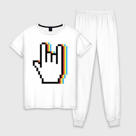 Женская пижама хлопок с принтом Pixel Rock в Новосибирске, 100% хлопок | брюки и футболка прямого кроя, без карманов, на брюках мягкая резинка на поясе и по низу штанин | art | hand | pixel | pixelart | rock | арт | пиксель | пиксельарт | рок | рука
