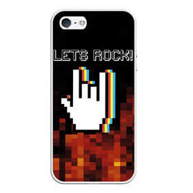 Чехол для iPhone 5/5S матовый с принтом Lets Rock в Новосибирске, Силикон | Область печати: задняя сторона чехла, без боковых панелей | art | fire | hand | pixel | pixelart | rock | огонь | пиксель | пиксельарт | рок | рука