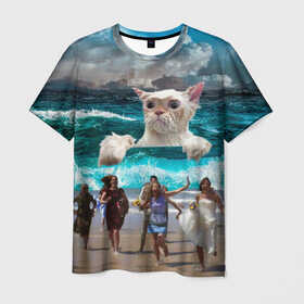 Мужская футболка 3D с принтом Морской Кошак в Новосибирске, 100% полиэфир | прямой крой, круглый вырез горловины, длина до линии бедер | cat | mem | mems | вода | волны | кот | котейка | котик | кошак | кошка | мем | мем с котом | мемы | мемы с котом | мокрый кот | море | морской кот | морской кошак | облака | океан | прикол | приколы | тучи | шторм