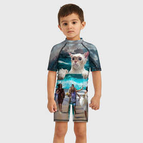 Детский купальный костюм 3D с принтом Морской Кошак в Новосибирске, Полиэстер 85%, Спандекс 15% | застежка на молнии на спине | cat | mem | mems | вода | волны | кот | котейка | котик | кошак | кошка | мем | мем с котом | мемы | мемы с котом | мокрый кот | море | морской кот | морской кошак | облака | океан | прикол | приколы | тучи | шторм
