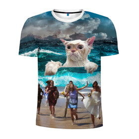 Мужская футболка 3D спортивная с принтом Морской Кошак в Новосибирске, 100% полиэстер с улучшенными характеристиками | приталенный силуэт, круглая горловина, широкие плечи, сужается к линии бедра | Тематика изображения на принте: cat | mem | mems | вода | волны | кот | котейка | котик | кошак | кошка | мем | мем с котом | мемы | мемы с котом | мокрый кот | море | морской кот | морской кошак | облака | океан | прикол | приколы | тучи | шторм