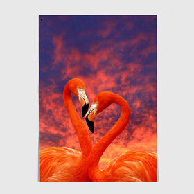 Постер с принтом Flamingo Love в Новосибирске, 100% бумага
 | бумага, плотность 150 мг. Матовая, но за счет высокого коэффициента гладкости имеет небольшой блеск и дает на свету блики, но в отличии от глянцевой бумаги не покрыта лаком | 14 февраля | 8 марта | валентинов день | верность | влюбленность | влюбленные | вместе | вместе навсегда | девушке | женат | женский день | женский праздник | закат | замужем | кружка | любимая