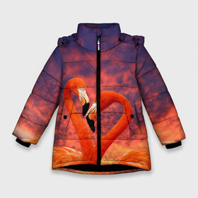 Зимняя куртка для девочек 3D с принтом Flamingo Love в Новосибирске, ткань верха — 100% полиэстер; подклад — 100% полиэстер, утеплитель — 100% полиэстер. | длина ниже бедра, удлиненная спинка, воротник стойка и отстегивающийся капюшон. Есть боковые карманы с листочкой на кнопках, утяжки по низу изделия и внутренний карман на молнии. 

Предусмотрены светоотражающий принт на спинке, радужный светоотражающий элемент на пуллере молнии и на резинке для утяжки. | Тематика изображения на принте: 14 февраля | 8 марта | валентинов день | верность | влюбленность | влюбленные | вместе | вместе навсегда | девушке | женат | женский день | женский праздник | закат | замужем | кружка | любимая