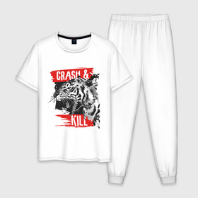 Мужская пижама хлопок с принтом Crash & Kill в Новосибирске, 100% хлопок | брюки и футболка прямого кроя, без карманов, на брюках мягкая резинка на поясе и по низу штанин
 | animal | art | beast | inscription | tiger | арт | животное | зверь | надпись | тигр