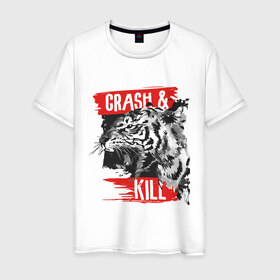 Мужская футболка хлопок с принтом Crash & Kill в Новосибирске, 100% хлопок | прямой крой, круглый вырез горловины, длина до линии бедер, слегка спущенное плечо. | Тематика изображения на принте: animal | art | beast | inscription | tiger | арт | животное | зверь | надпись | тигр