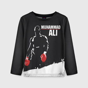 Детский лонгслив 3D с принтом Muhammad Ali в Новосибирске, 100% полиэстер | длинные рукава, круглый вырез горловины, полуприлегающий силуэт
 | Тематика изображения на принте: ali | muhammad ali | the greatest | али | бокс | мухамед али | мухаммед али