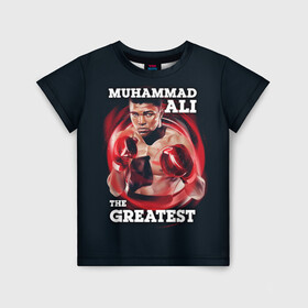 Детская футболка 3D с принтом Muhammad Ali в Новосибирске, 100% гипоаллергенный полиэфир | прямой крой, круглый вырез горловины, длина до линии бедер, чуть спущенное плечо, ткань немного тянется | Тематика изображения на принте: ali | muhammad ali | the greatest | али | бокс | мухамед али | мухаммед али