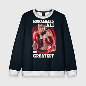 Детский свитшот 3D с принтом Muhammad Ali в Новосибирске, 100% полиэстер | свободная посадка, прямой крой, мягкая тканевая резинка на рукавах и понизу свитшота | Тематика изображения на принте: ali | muhammad ali | the greatest | али | бокс | мухамед али | мухаммед али