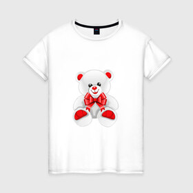 Женская футболка хлопок с принтом Белый и пушистый в Новосибирске, 100% хлопок | прямой крой, круглый вырез горловины, длина до линии бедер, слегка спущенное плечо | бант | белый | милый | мишка | пушистый | романтика